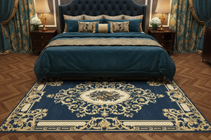 Tapis de Salon Oriental Bleu Marine et Doré — Motif Médaillon Baroque Ovale — Grand Tapis Antidérapant