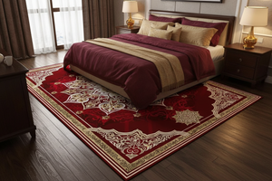 Tapis de Salon Oriental Rouge et Doré — Motif Médaillon Étoilé Luxe — Grand Tapis Antidérapant