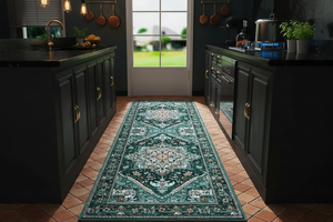 Tapis de Cuisine Oriental Long Vert Émeraude — Motif Médaillon Vintage — Tapis Antidérapant