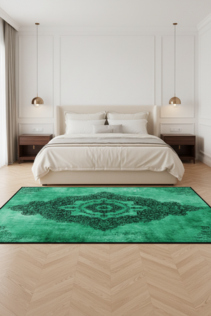 Tapis de Salon Oriental Vert Menthe — Motif Médaillon Dentelle Contrasté — Grand Tapis Antidérapant
