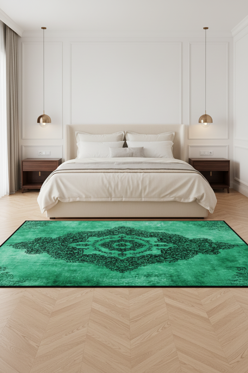 Tapis de Salon Oriental Vert Menthe — Motif Médaillon Dentelle Contrasté — Grand Tapis Antidérapant