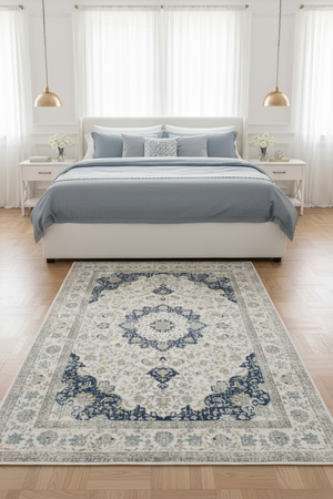 Tapis de Salon Oriental Crème et Bleu Marine — Motif Médaillon Floral Délavé — Grand Tapis Antidérapant