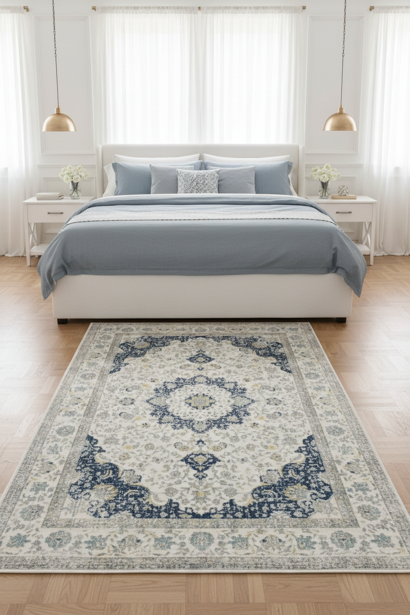 Tapis de Salon Oriental Crème et Bleu Marine — Motif Médaillon Floral Délavé — Grand Tapis Antidérapant