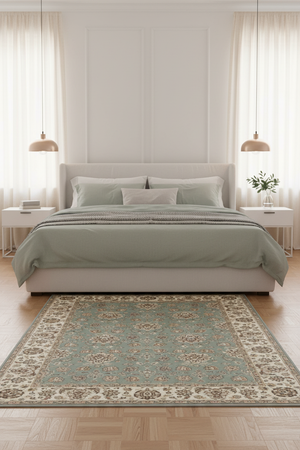 Tapis de Salon Oriental Vert d'Eau et Crème — Motif Floral Classique — Grand Tapis Antidérapant