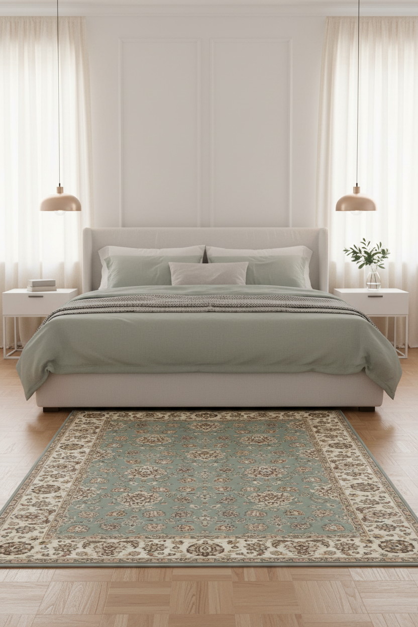Tapis de Salon Oriental Vert d'Eau et Crème — Motif Floral Classique — Grand Tapis Antidérapant