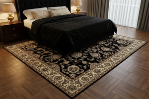 Tapis de Salon Oriental Noir et Doré — Motif Floral Classique — Grand Tapis Antidérapant