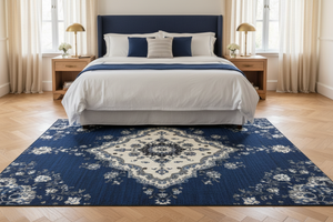 Tapis de Salon Oriental Bleu — Motif Médaillon Floral Délavé — Grand Tapis Antidérapant