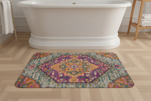 Tapis de Bain Oriental Magenta et Orange — Motif Médaillon Bohème — Tapis de Salle de Bain Antidérapant