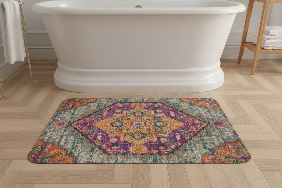 Tapis de Bain Oriental Magenta et Orange — Motif Médaillon Bohème — Tapis de Salle de Bain Antidérapant
