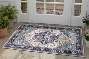 Tapis d'Entrée Oriental Bleu Marine et Rose Poudré — Motif Géométrique Boho Ethnique — Tapis Antidérapant