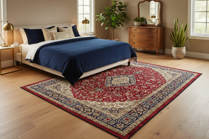 Tapis de Salon Oriental Rouge et Bleu Marine — Motif Médaillon Fleuri Vintage — Grand Tapis Antidérapant