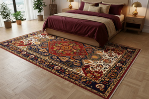 Tapis de Salon Oriental Rouge et Bleu Marine — Motif Médaillon Losange Floral — Grand Tapis Antidérapant