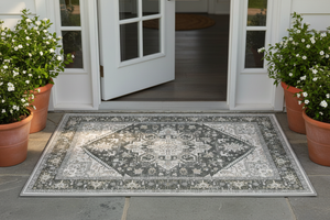 Tapis d'Entrée Oriental Gris et Ivoire — Motif Géométrique Boho Ethnique — Tapis Antidérapant