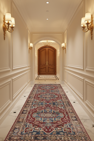 Tapis de Couloir Oriental Rouge et Bleu — Motif Médaillon Vintage — Tapis Long Antidérapant