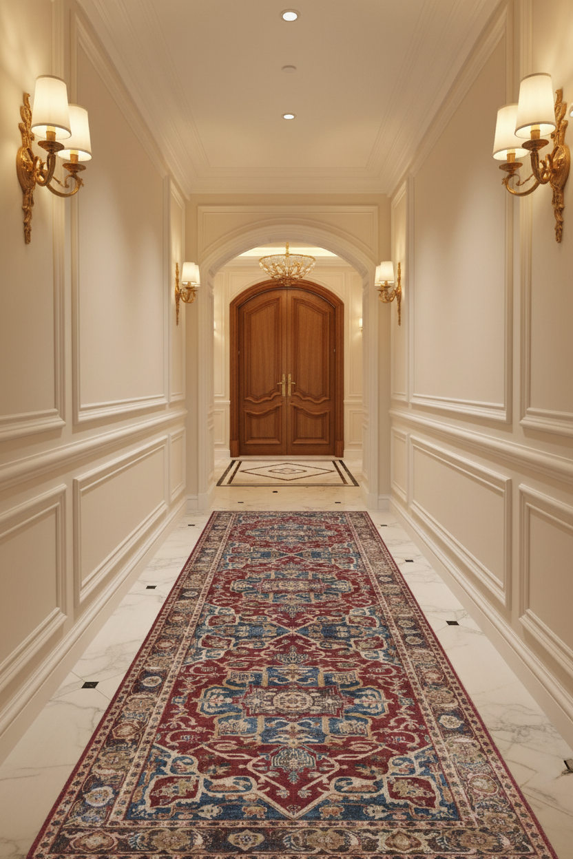 Tapis de Couloir Oriental Rouge et Bleu — Motif Médaillon Vintage — Tapis Long Antidérapant