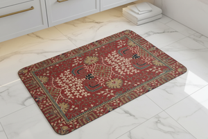 Tapis de Bain Oriental Rouge et Ivoire — Motif Floral Vintage — Tapis de Salle de Bain Antidérapant