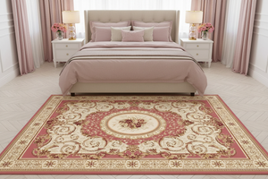 Tapis de Salon Oriental Rose et Crème — Motif Médaillon Floral Romantique — Grand Tapis Antidérapant