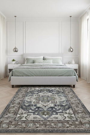 Tapis de Salon Oriental Gris Taupe — Motif Médaillon Étoile Vintage — Grand Tapis Antidérapant