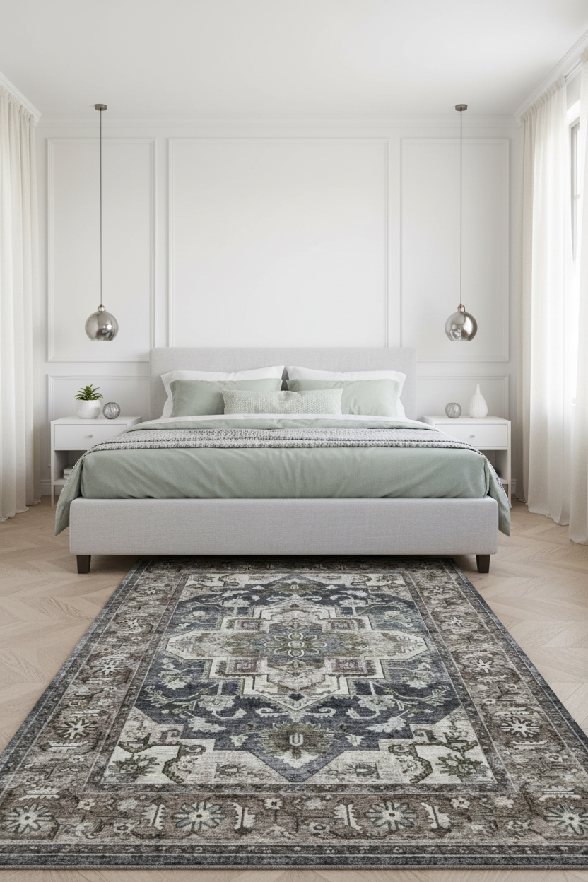 Tapis de Salon Oriental Gris Taupe — Motif Médaillon Étoile Vintage — Grand Tapis Antidérapant