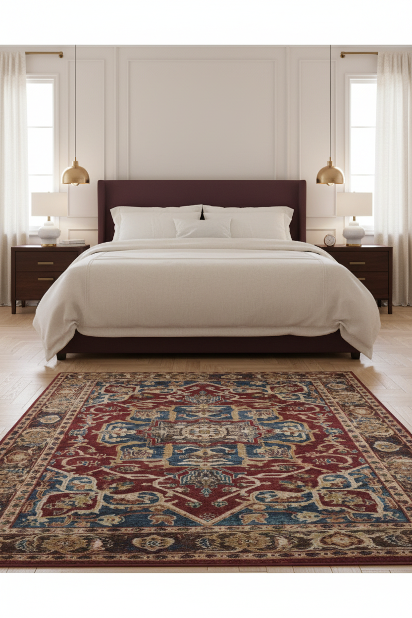 Tapis de Salon Oriental Rouge et Bleu — Motif Médaillon Vintage Élégant — Grand Tapis Antidérapant