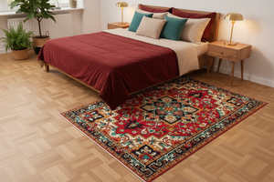 Tapis de Salon Oriental Rouge et Turquoise — Motif Médaillon Étoile Vintage — Grand Tapis Antidérapant