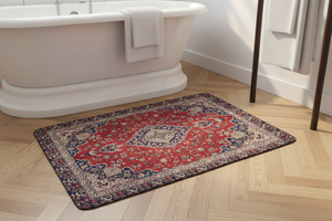 Tapis de Bain Oriental Rouge et Bleu Marine — Motif Médaillon Ethnique — Tapis de Salle de Bain Antidérapant