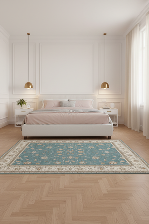 Tapis de Salon Oriental Bleu Canard et Crème — Motif Floral Classique — Grand Tapis Antidérapant