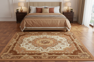 Tapis de Salon Oriental Camel et Marron — Motif Médaillon Floral Classique — Grand Tapis Antidérapant