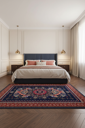 Tapis de Salon Oriental Bleu Marine et Rouge — Motif Médaillon Floral Coloré — Grand Tapis Antidérapant