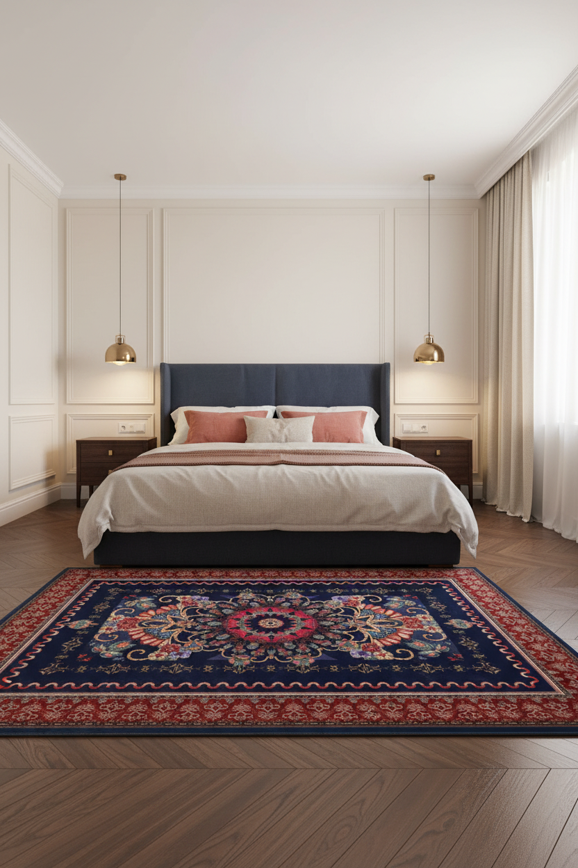Tapis de Salon Oriental Bleu Marine et Rouge — Motif Médaillon Floral Coloré — Grand Tapis Antidérapant
