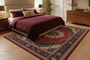 Tapis de Salon Oriental Rouge et Bleu Nuit — Motif Médaillon Floral Vintage — Grand Tapis Antidérapant