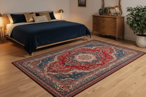 Tapis de Salon Oriental Rouge et Bleu Foncé — Motif Médaillon Vintage — Grand Tapis Antidérapant