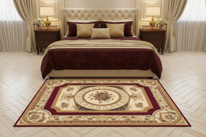 Tapis de Salon Oriental Bordeaux et Crème — Motif Médaillon Floral Classique — Grand Tapis Antidérapant