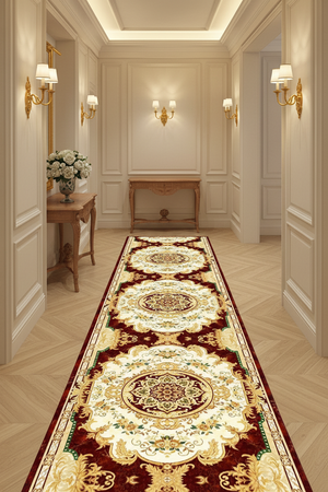 Tapis de Couloir Oriental Ivoire et Bordeaux — Motif Médaillon Baroque | Tapis Long Antidérapant