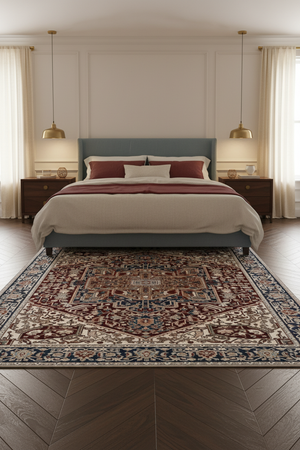 Tapis de Salon Oriental Bordeaux et Bleu Marine — Motif Médaillon Losange Classique — Grand Tapis Antidérapant
