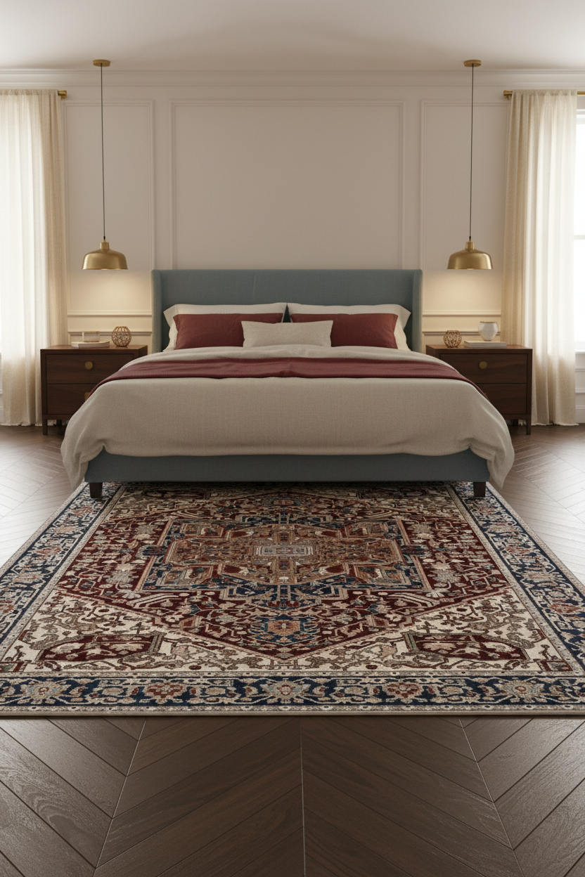 Tapis de Salon Oriental Bordeaux et Bleu Marine — Motif Médaillon Losange Classique — Grand Tapis Antidérapant