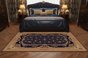 Tapis de Salon Oriental Bleu Marine et Doré — Motif Médaillon Ovale Classique — Grand Tapis Antidérapant