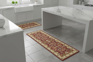 Tapis de Cuisine Oriental Rouge et Doré — Set 2 Pièces Motif Floral Vintage — Tapis Antidérapant