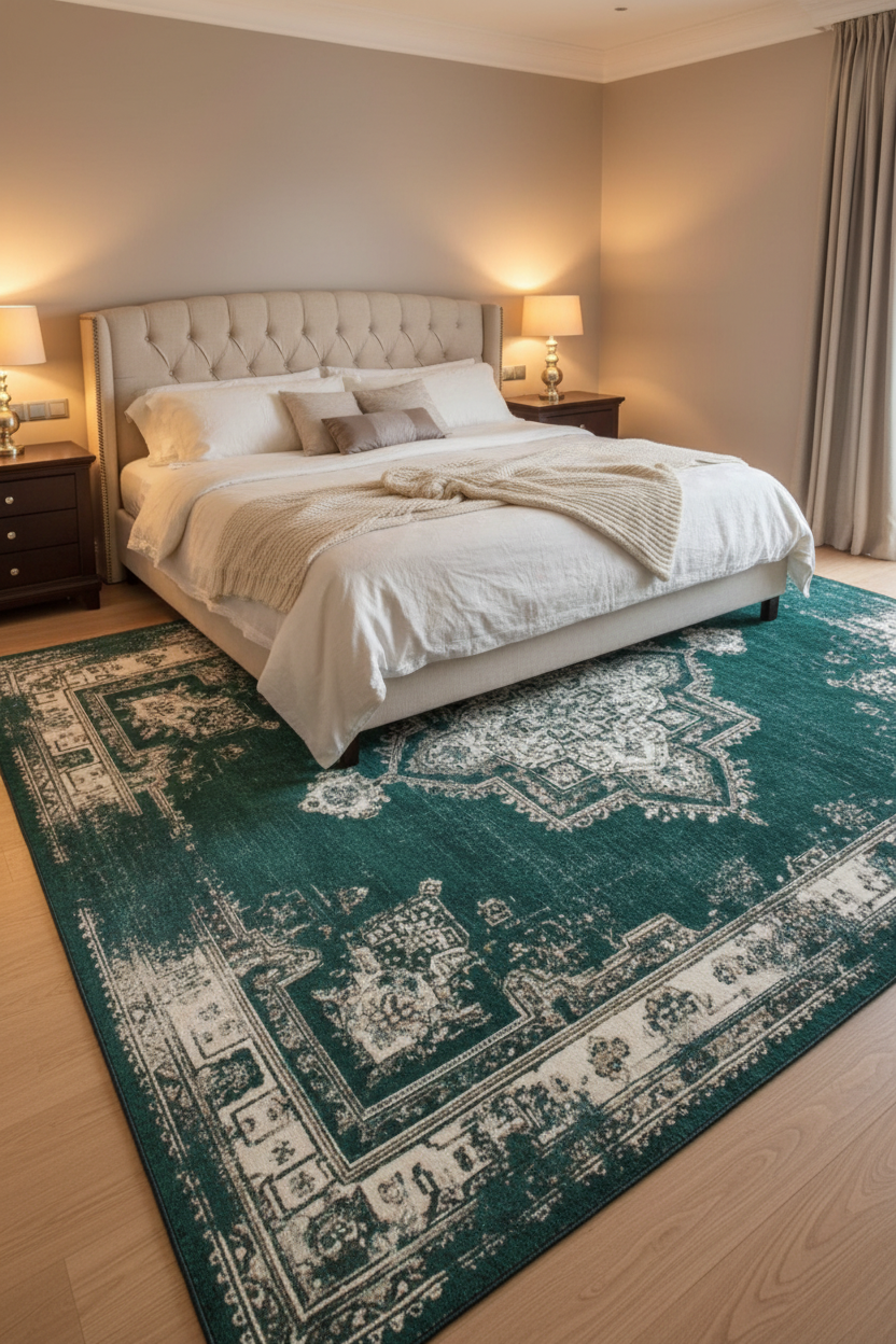 Tapis de Salon Oriental Vert Émeraude — Motif Médaillon Vintage — Grand Tapis Antidérapant