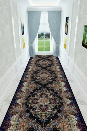 Tapis de Couloir Oriental Noir et Multicolore — Motif Médaillon Luxe | Tapis Long Antidérapant