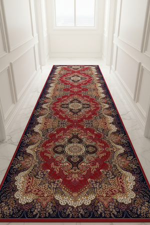 Tapis de Couloir Oriental Rouge et Bordeaux — Motif Médaillon Luxe | Tapis Long Antidérapant