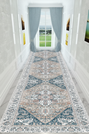Tapis de Couloir Oriental Bleu et Terracotta — Motif Géométrique Vintage — Tapis Long Antidérapant