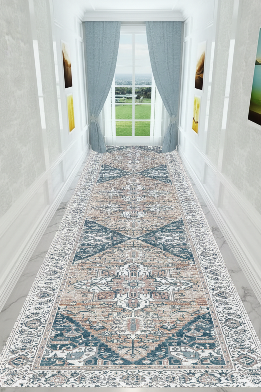 Tapis de Couloir Oriental Bleu et Terracotta — Motif Géométrique Vintage — Tapis Long Antidérapant