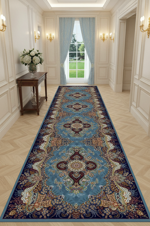 Tapis de Couloir Oriental Bleu et Bordeaux — Motif Médaillon Luxe | Tapis Long Antidérapant