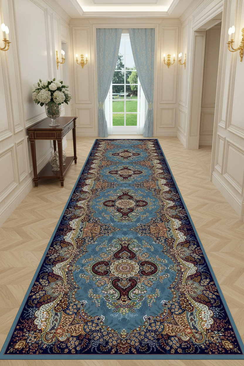 Tapis de Couloir Oriental Bleu et Bordeaux — Motif Médaillon Luxe | Tapis Long Antidérapant