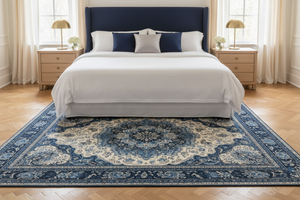 Tapis de Salon Oriental Bleu et Crème — Motif Médaillon Floral Bohème — Grand Tapis Antidérapant