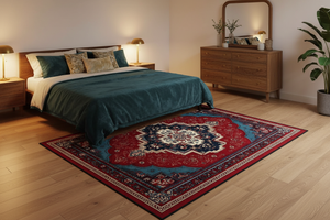 Tapis de Salon Oriental Rouge et Bleu Canard — Motif Médaillon Géométrique — Grand Tapis Antidérapant