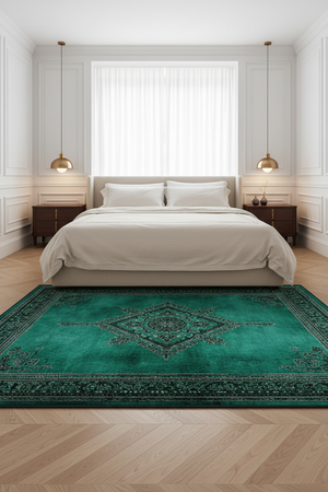 Tapis de Salon Oriental Vert Émeraude — Motif Médaillon Géométrique — Grand Tapis Antidérapant
