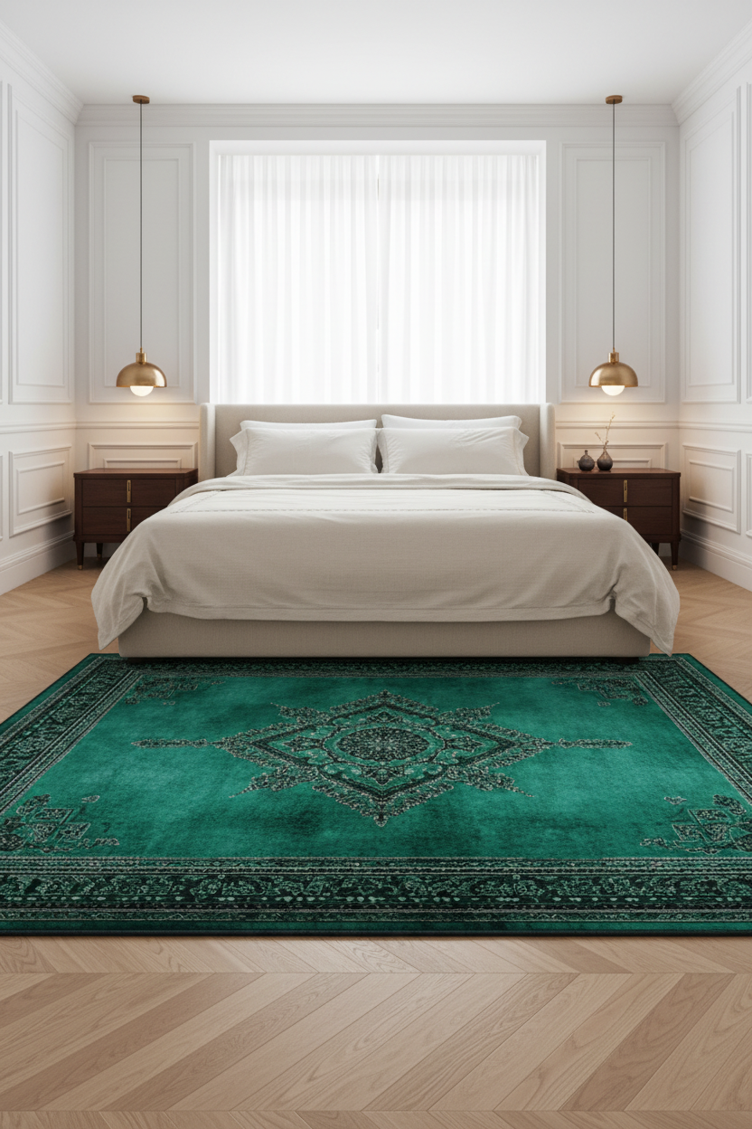 Tapis de Salon Oriental Vert Émeraude — Motif Médaillon Géométrique — Grand Tapis Antidérapant
