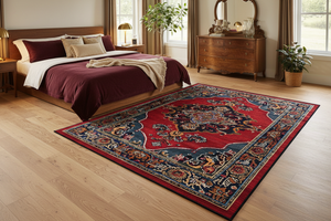 Tapis de Salon Oriental Rouge et Bleu Marine — Motif Médaillon Coloré Vintage — Grand Tapis Antidérapant